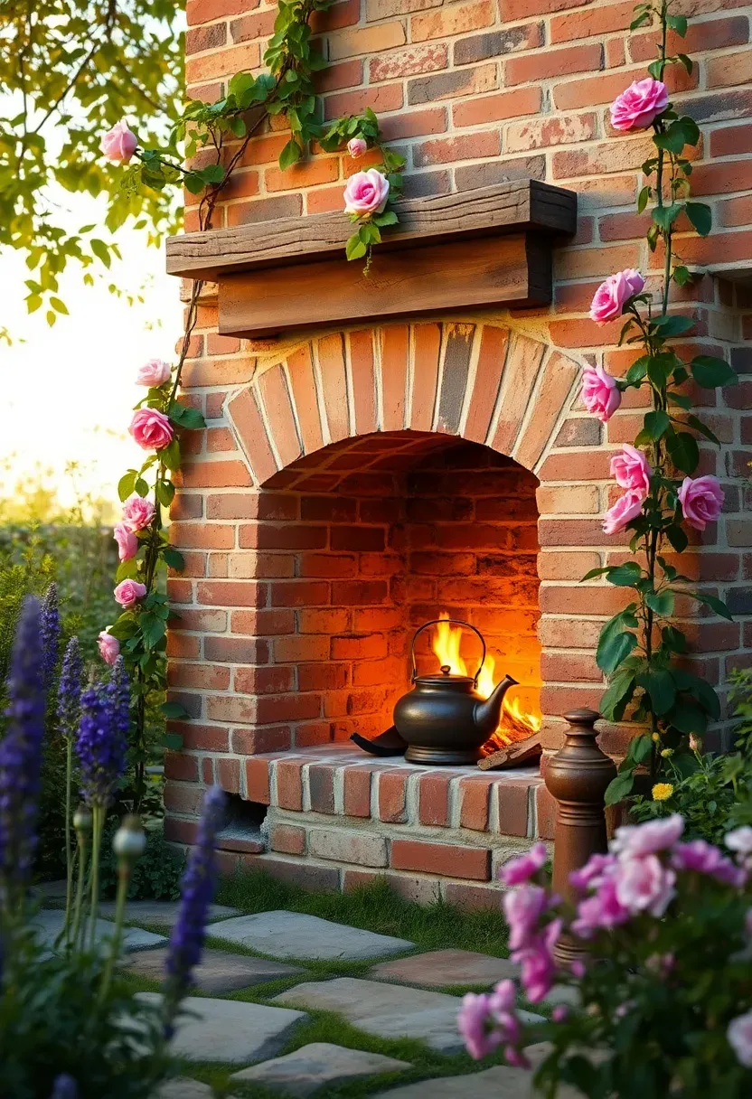 A charming outdoor fireplace built from salvaged reclaimed bricks with a weathered patina in a cottage garden with climbing roses