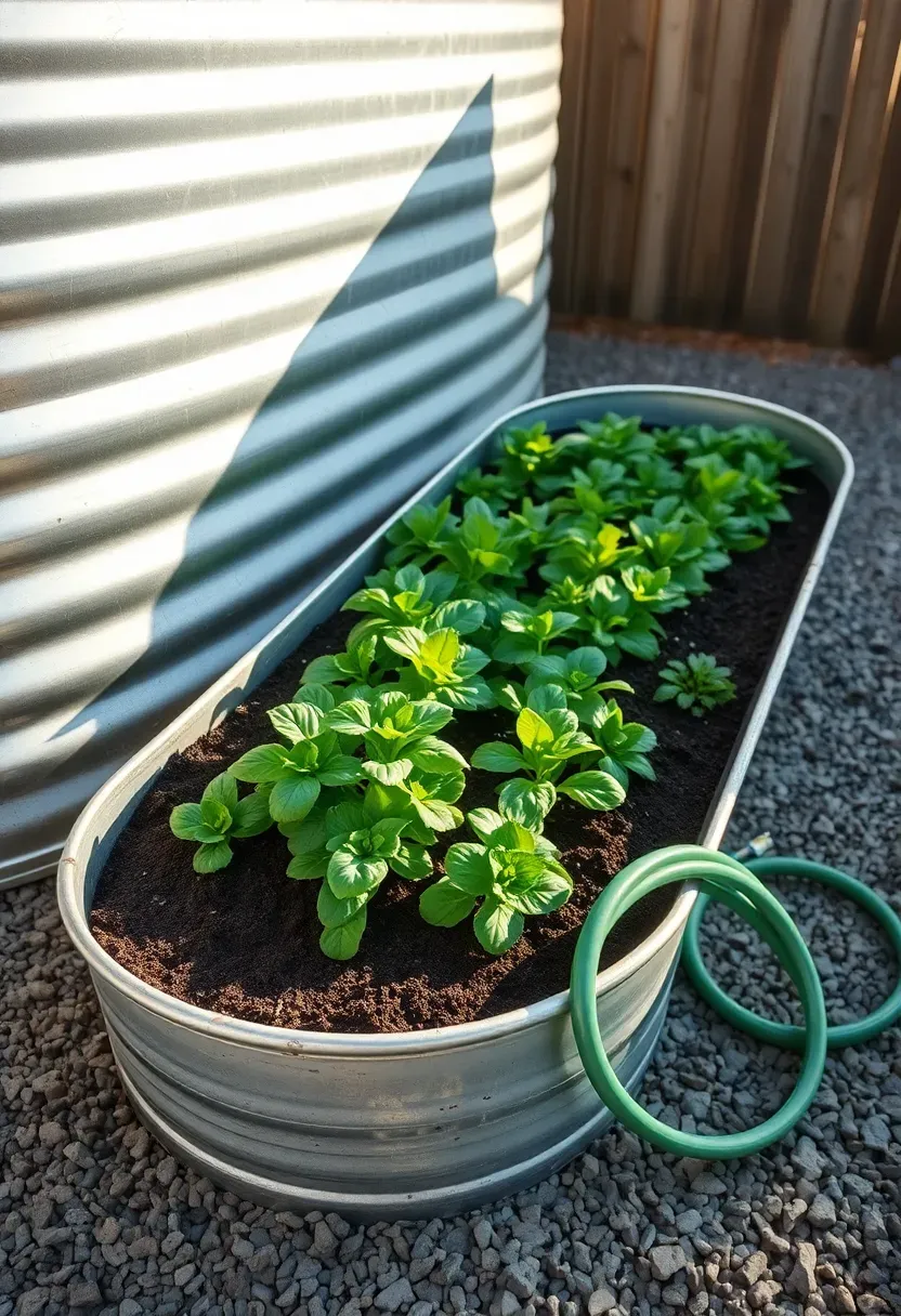 Large oval galvanized steel stock tank used as a raised planter bed filled with lettuce and herbs on a gravel backyard surface