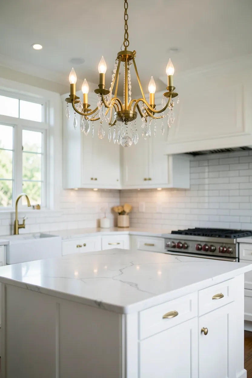 Hyper-realistic eye-level photograph of an elegant kitchen featuring a large statement chandelier hanging over a white marble island. The chandelier has multiple brass arms with crystal accents and warm white bulbs. The island has white cabinets and brass pulls. White subway tile backsplash and white cabinetry surrounding the room. Natural daylight mixing with chandelier light. Materials: polished brass, crystal, marble, white lacquer. Sophisticated and glamorous mood. Shallow depth of field, sharp details on chandelier crystals and brass finish. No text, no logos, no watermarks.</p>