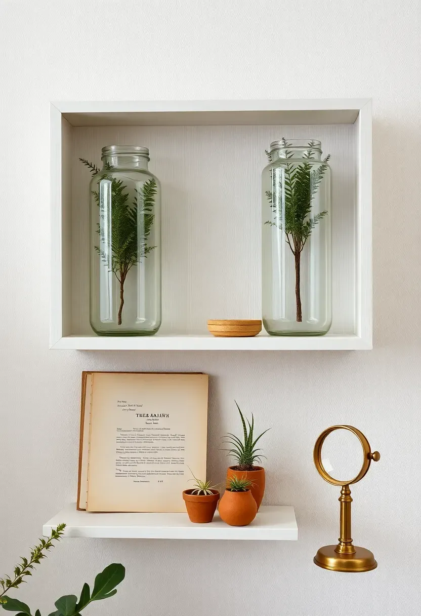 Botanist's cabinet wall display with glass specimen jars, pressed flower herbarium, terracotta pots with air plants, and a brass magnifying loupe on pale shelves