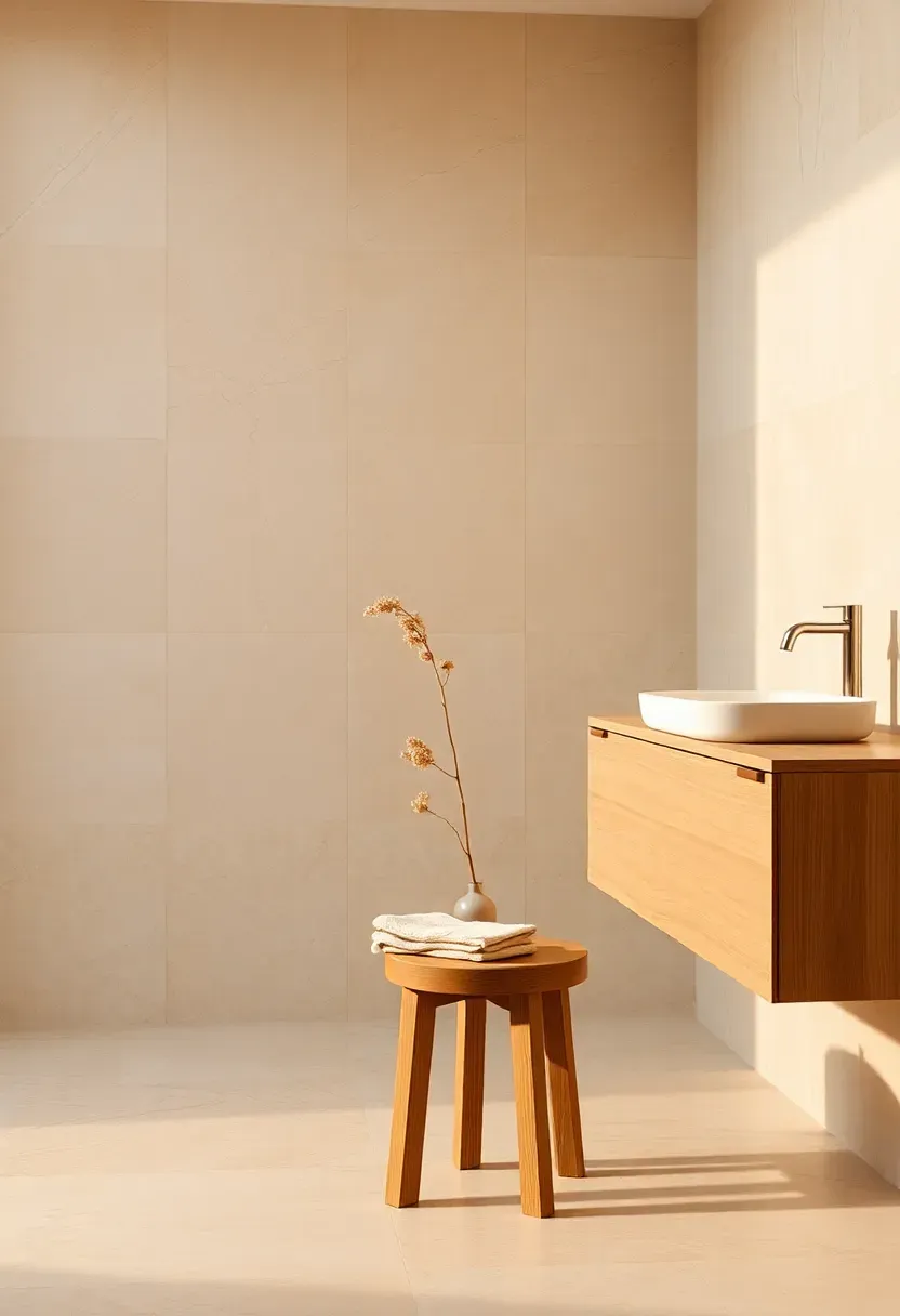 Minimalist bathroom with travertine walls, simple wooden stool, and single branch in a ceramic vase