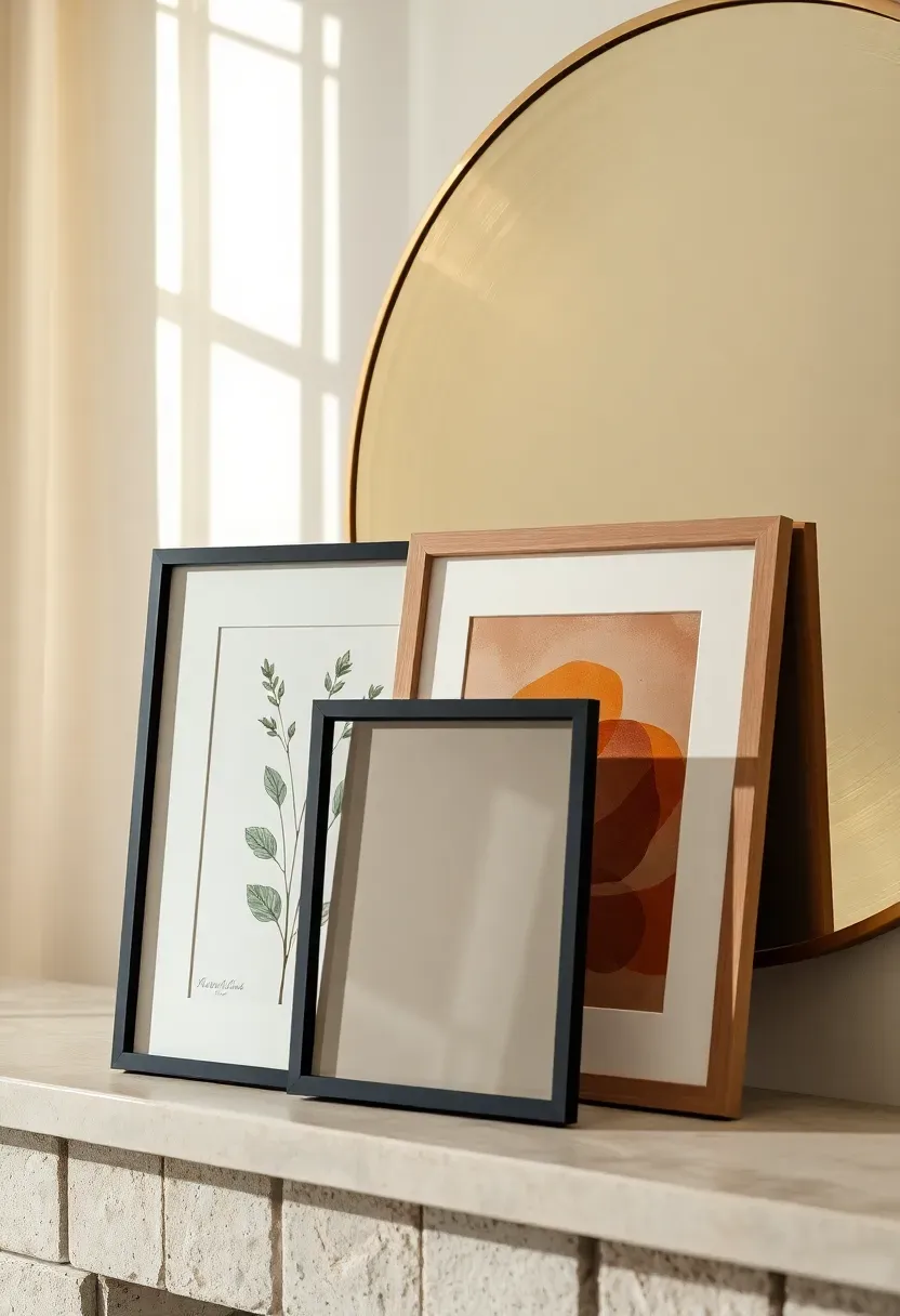 Close-up of two smaller framed botanical prints leaning overlapped against a large round mirror on a mantle — creating a layered gallery effect with visible frames at different angles, soft natural light