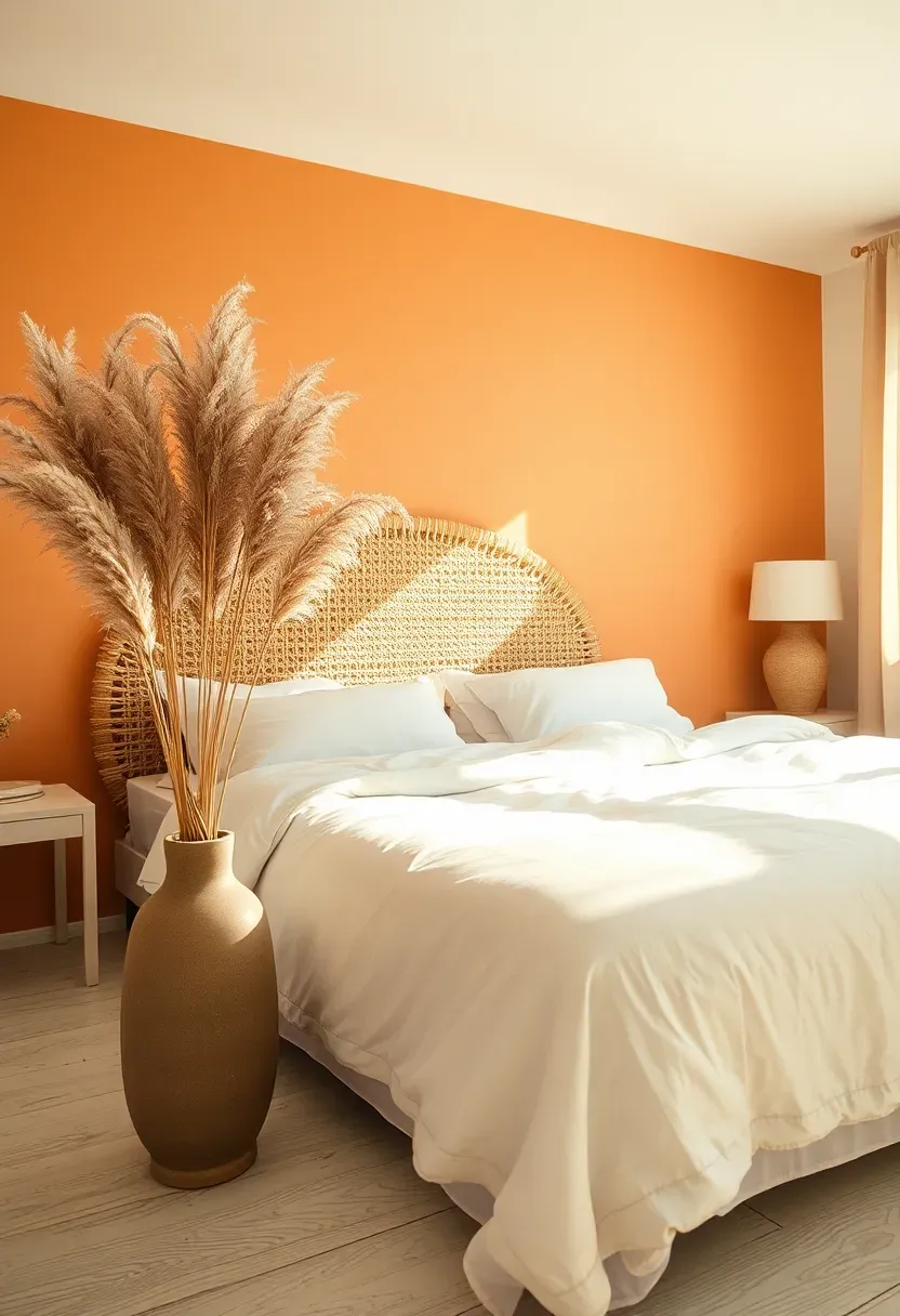 sunlit bedroom with soft apricot accent wall behind a rattan headboard with white linen bedding and dried pampas grass