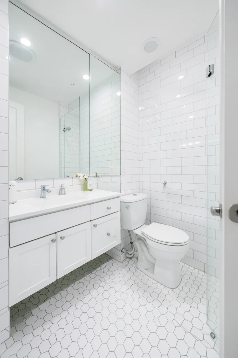 Small white bathroom with full-wall frameless mirror reflecting white subway tiles and floating vanity to double perceived space