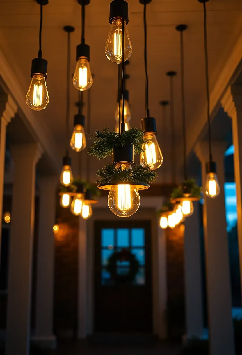 Hyper-realistic eye-level view from within a residential front porch looking toward the entry, featuring multiple hanging pendant lights at varying heights suspended from the ceiling, each pendant containing warm white Edison-style bulbs and festive greenery accents at the canopy. Materials: white porch ceiling, dark metal pendant fixtures with warm exposed filament bulbs, fresh greenery tucked into each pendant canopy, wood porch floor, front door with wreath visible beyond, porch columns framing the view. Natural evening darkness with warm pendant glow creating layered overhead ambiance while porch walls remain in shadow for contrast, cool blue ambient sky beyond porch opening. Sophisticated intimate mood like restaurant patio holiday display. Shallow depth of field, sharp details on nearest pendant fixture and greenery, layered composition with depth, soft shadows, no text or watermarks.</p>