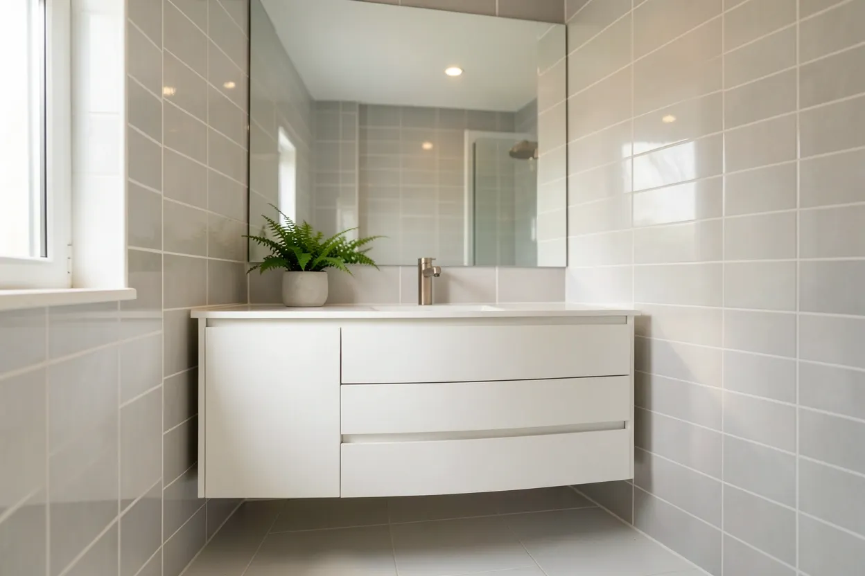 Small rental bathroom refreshed with floating vanity, large mirror, and vertical shelving to maximize space