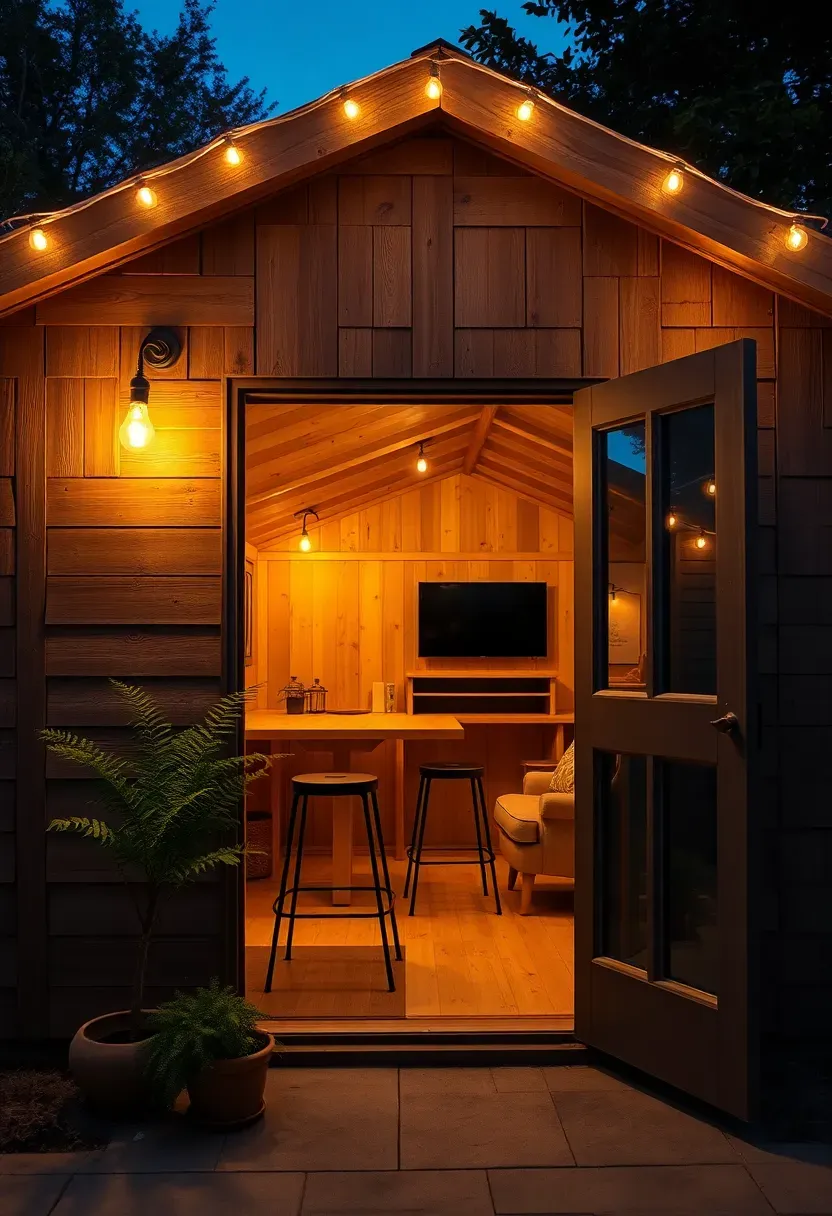 Converted backyard shed man cave with rustic wood exterior, string lights, interior bar counter, comfortable seating, small TV, and potted plants at the entrance