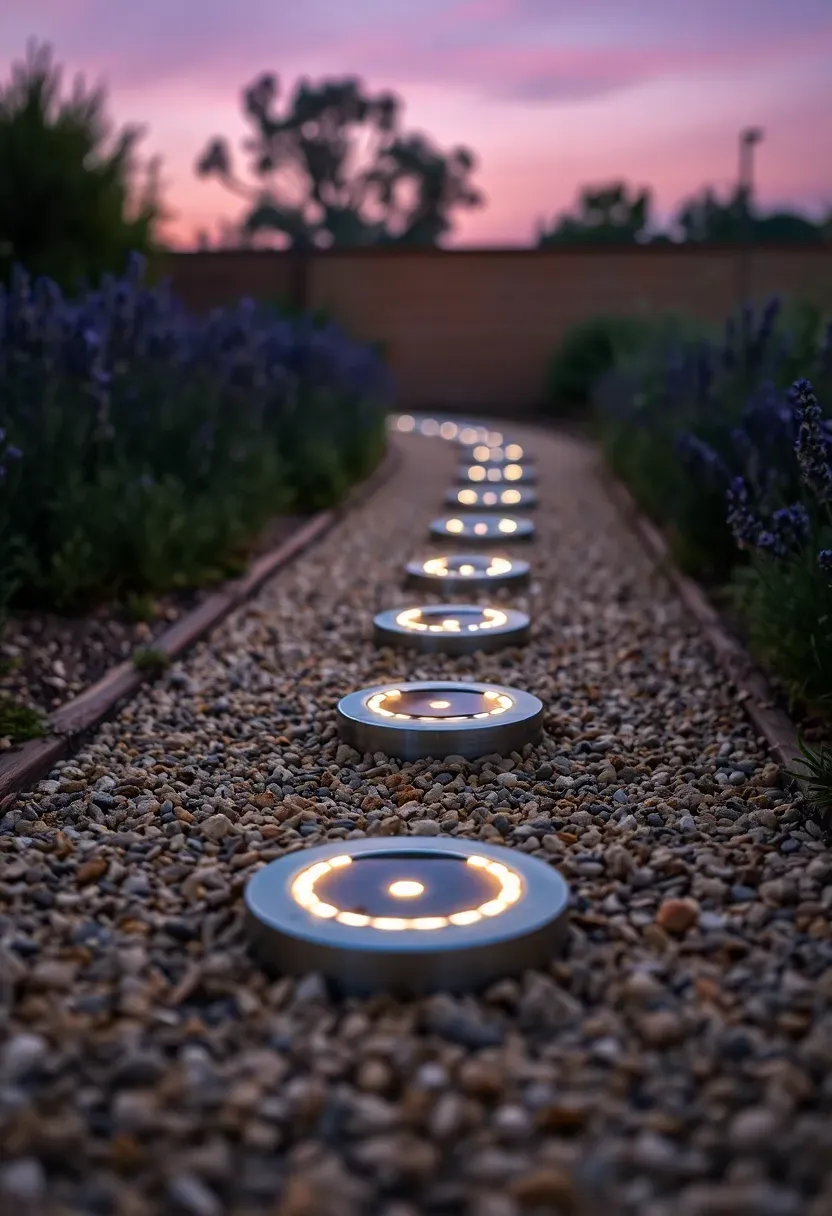 Flat circular solar disc lights embedded flush in a gravel garden path glowing warm white at dusk