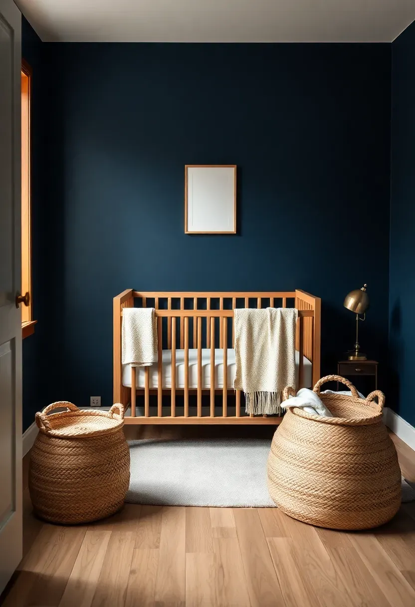 navy blue boy nursery with natural oak crib white bedding and woven storage baskets