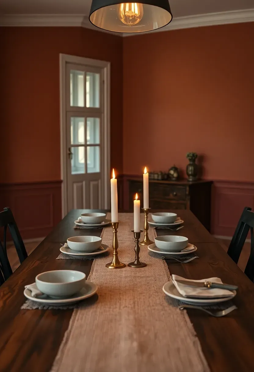 dining room with oxidized copper painted walls and a dark wood table set with candlelight