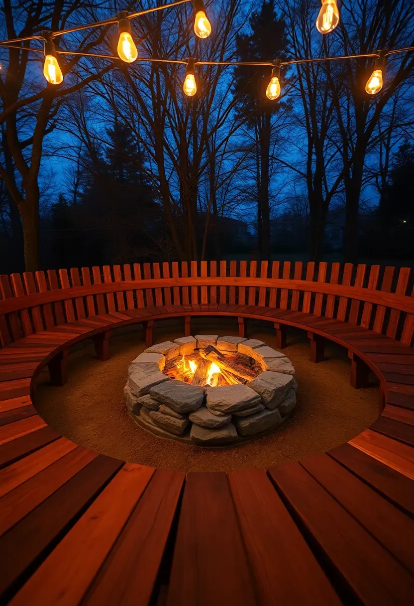 Curved wooden bench surrounding a stone fire pit with glowing embers in a backyard at dusk with string lights overhead