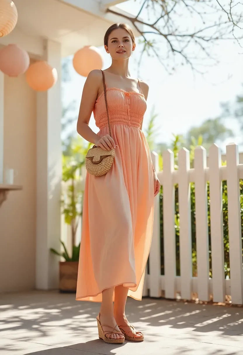 woman in a peach smocked bodice sundress with thin straps standing in a sunlit outdoor space with pastel decorations
