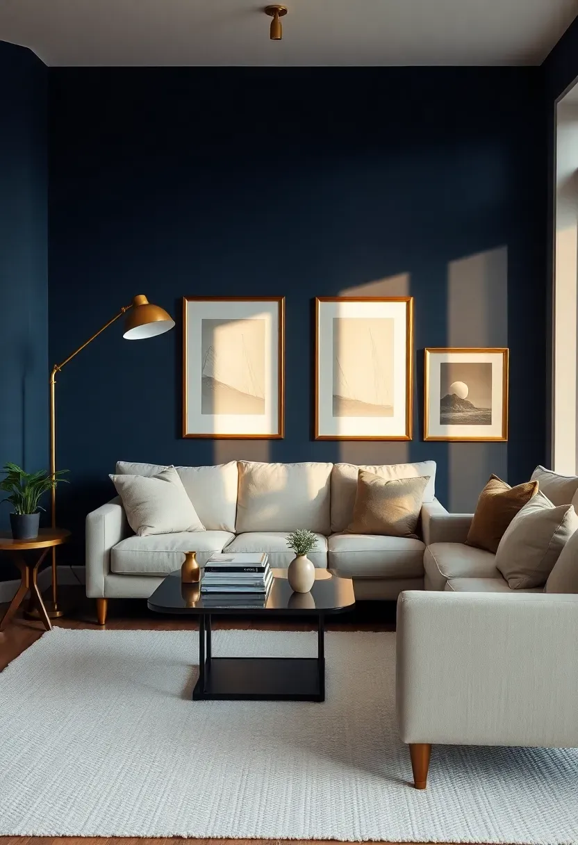 Hyper-realistic wide shot of minimalist living room with navy blue walls brass floor lamp brass picture frames brass coffee table legs cream sofa white rug. Materials: matte navy blue paint polished brass fixtures cream linen sofa white wool rug. Warm natural daylight with brass fixtures reflecting light creating golden highlights against navy sophisticated luxurious atmosphere. Sharp contrast between navy walls and brass accents clean composition no clutter no text no watermarks.</p>