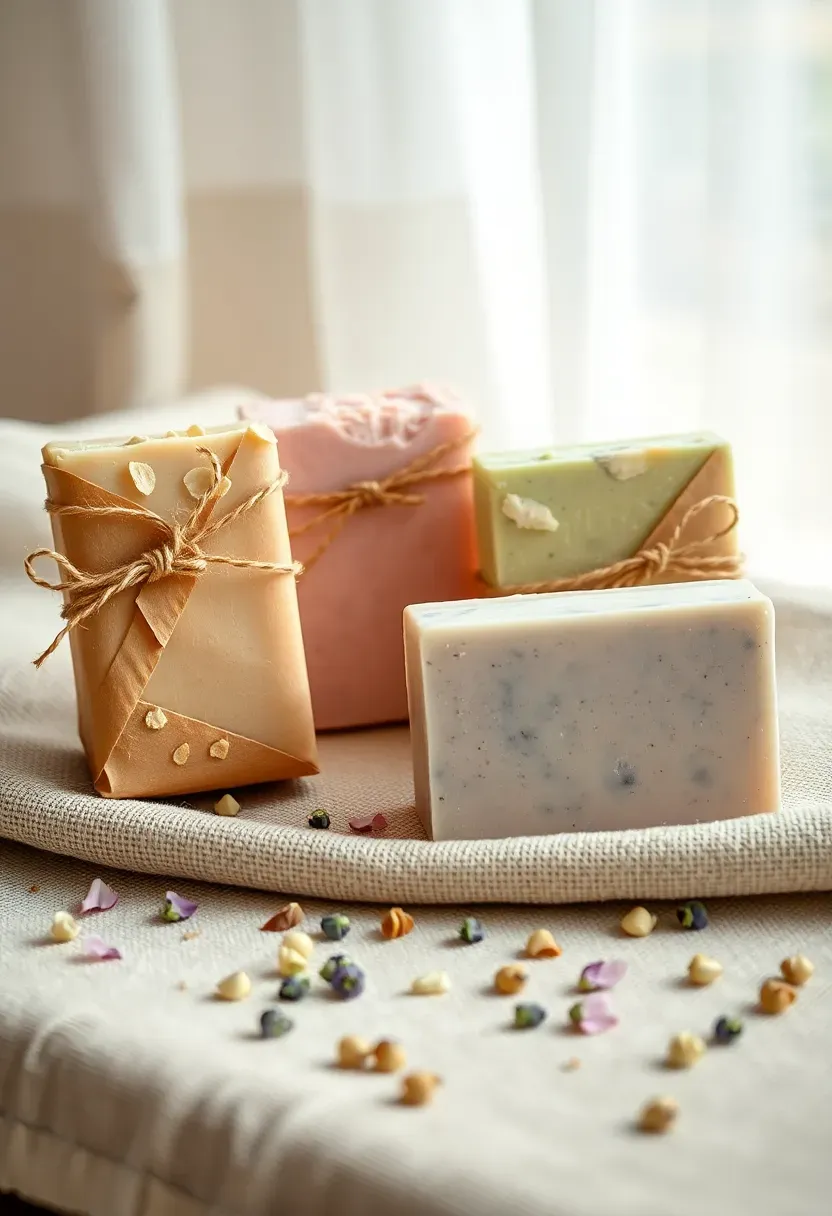 handmade artisan soap bars in pastel colors wrapped with kraft paper and dried flowers