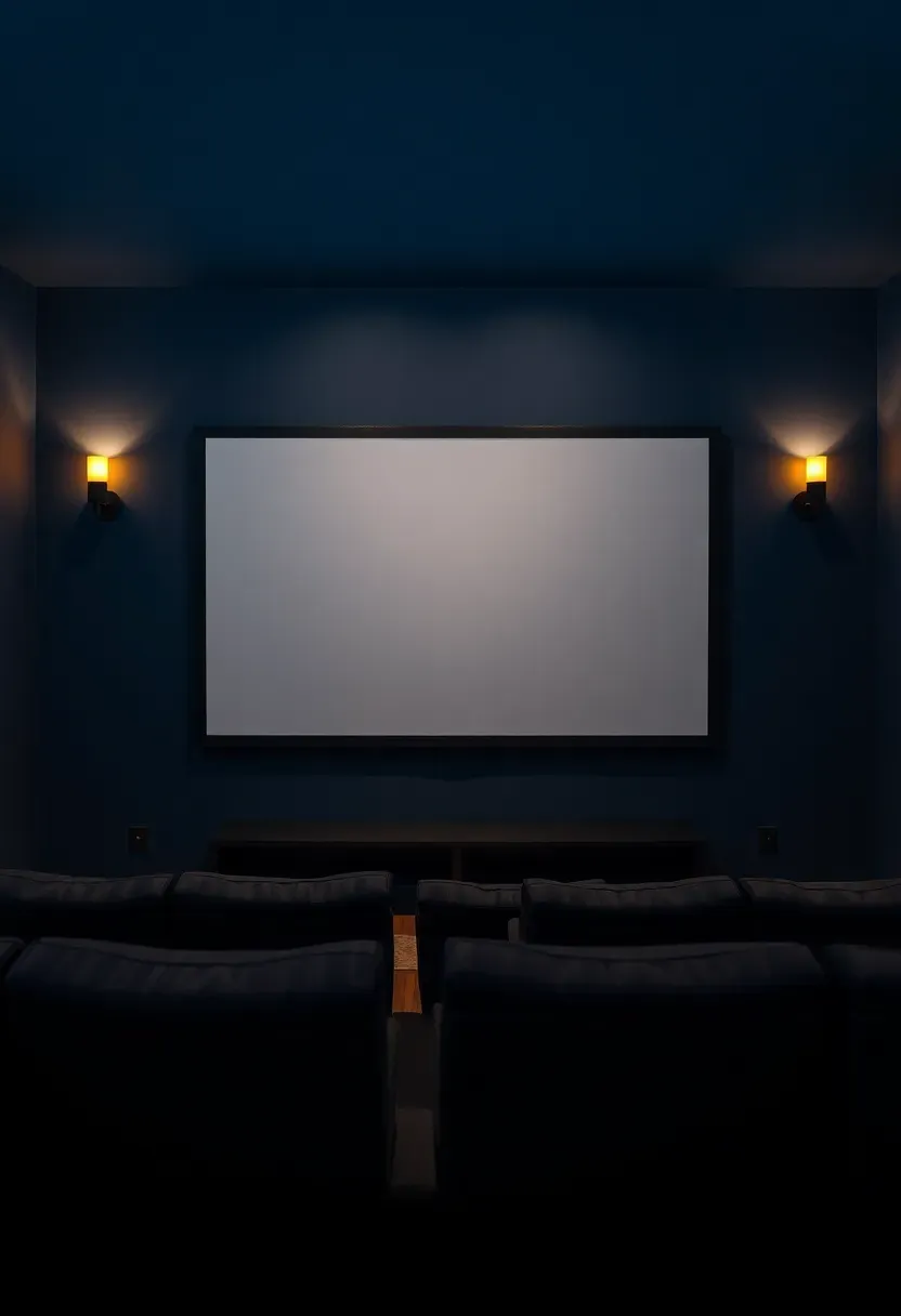 Deep navy blue painted accent wall in a basement home theater with wall-mounted screen and low ambient sconce lighting