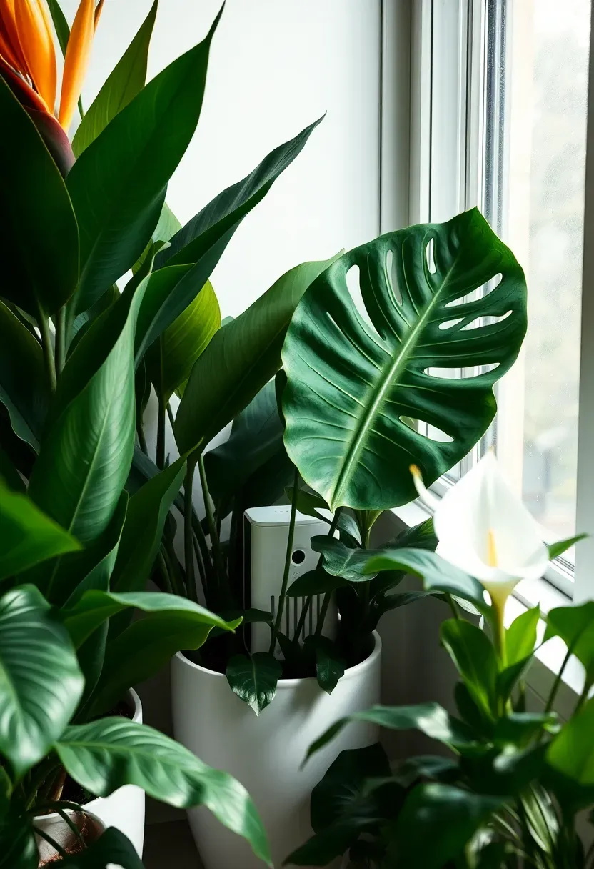 Corner of an apartment sunroom with a cluster of tropical houseplants including a bird of paradise, monstera, and peace lily, a small portable humidifier running between the pots, condensation visible on the nearby window glass