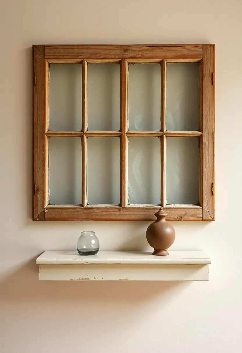Repurposed antique window frame transformed into a shelf display, with original wavy glass panes and aged paint, holding small vintage objects