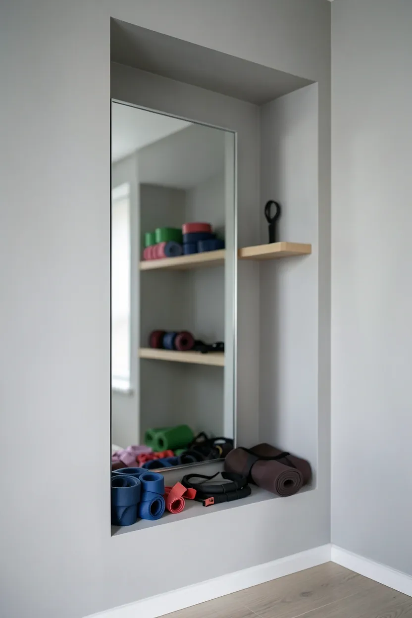 Small apartment alcove converted into workout zone with full-wall mirror and recessed storage shelves for gym equipment
