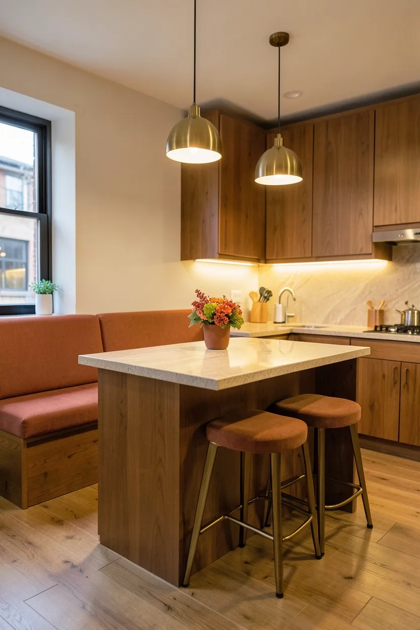 Hyper-realistic eye-level photograph of an eat-in kitchen with integrated dining. Small built-in banquette seating along wall features terracotta fabric upholstery with warm wood base. Two counter stools in warm brass with warm fabric seats provide additional dining. Kitchen peninsula with honed travertine countertop serves as casual dining surface. Upper cabinets in warm walnut. Warm ambient lighting from brass pendant lights creates cozy autumnal gathering atmosphere. Visible kitchen flow between cooking and dining areas. No text, no logos, no watermarks.</p>