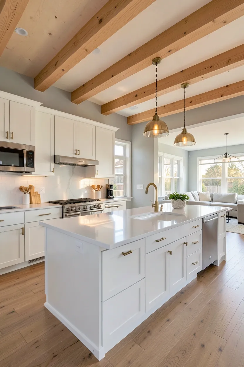 Light maple ceiling beams adding warmth and architectural interest to an open-concept kitchen with white walls