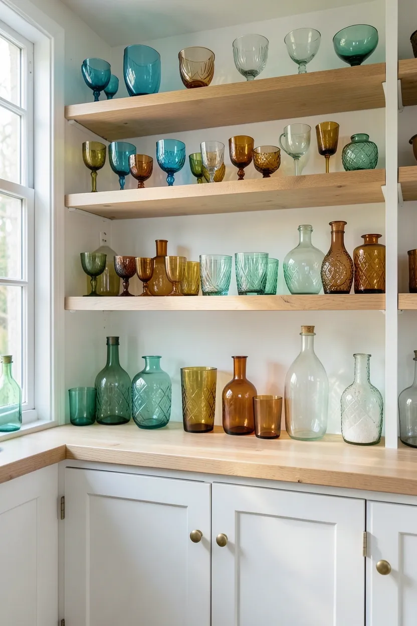 Hyper-realistic eye-level photograph of a boho kitchen with colorful glassware on open shelves. The shelves display an eclectic collection of glass pieces in turquoise, amber, and mint green tones. The glassware includes goblets, tumblers, and decorative bottles with various shapes and patterns. Natural light streaming through window and reflecting through the glass, creating beautiful prisms. The shelves are light wood. Below, white shaker cabinets with brass pulls. Materials: colorful glass, light oak, white painted wood, brass. Vibrant and reflective boho mood. Sharp focus on the glass colors and light refraction. No text, no logos, no watermarks.</p>
