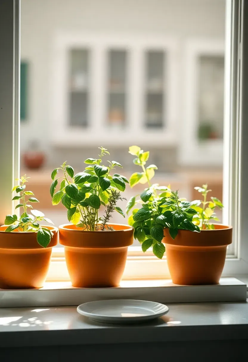 small window herb garden with basil rosemary and mint in terracotta pots on a kitchen sill