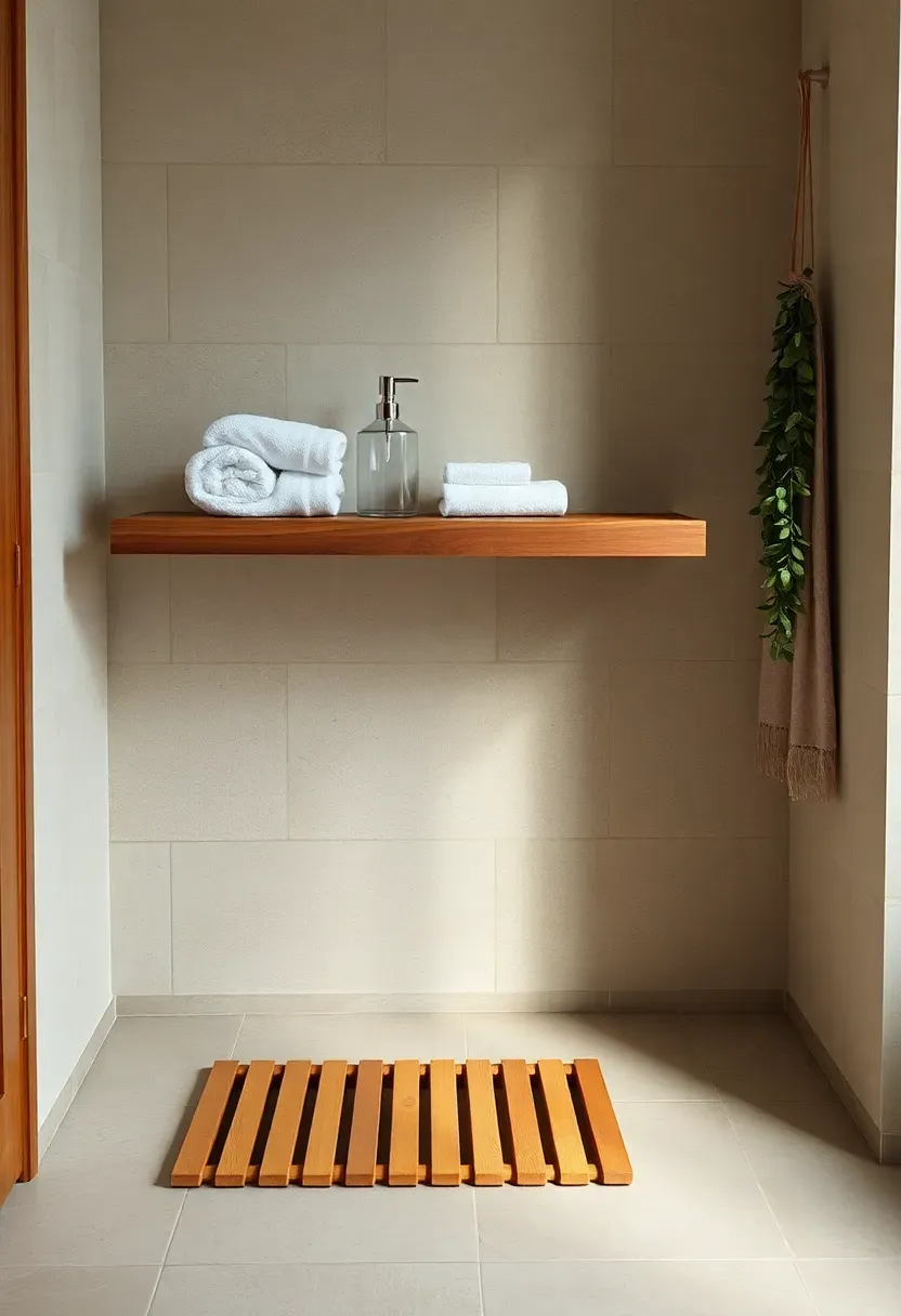 natural wood accents in bathroom with teak bath mat and oak floating shelf