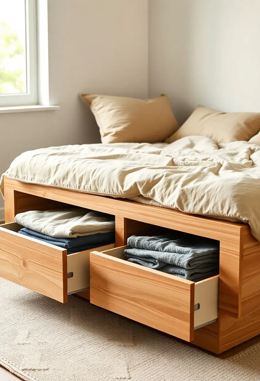 low-profile platform bed with under-bed storage drawers in a small bedroom, neutral linen bedding, clean minimal design