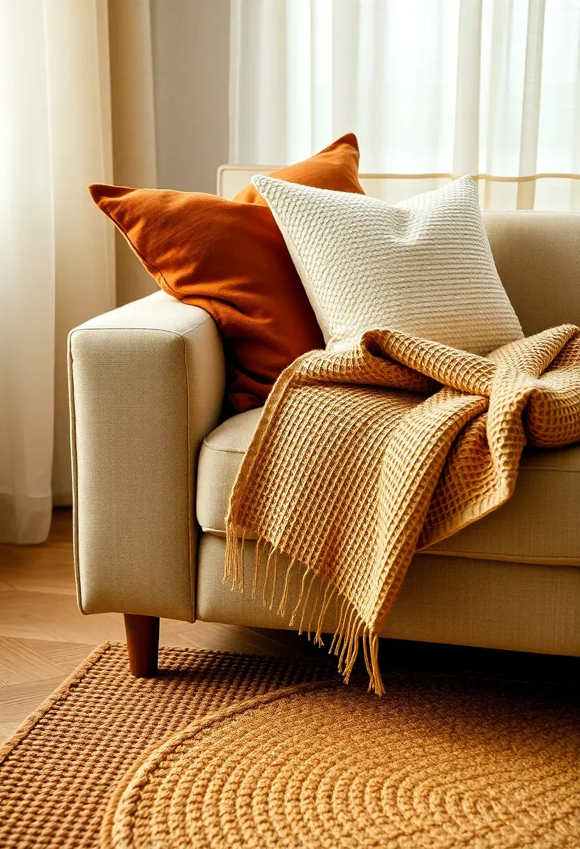 Close-up of a compact sofa with two textured throw pillows in warm terracotta and cream, a waffle-weave blanket draped over one arm, on a layered jute and wool area rug