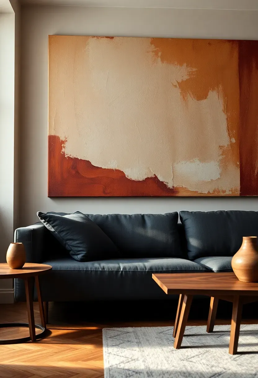 Large oversized abstract canvas painting in warm earth tones dominating a living room wall above a low-profile sofa