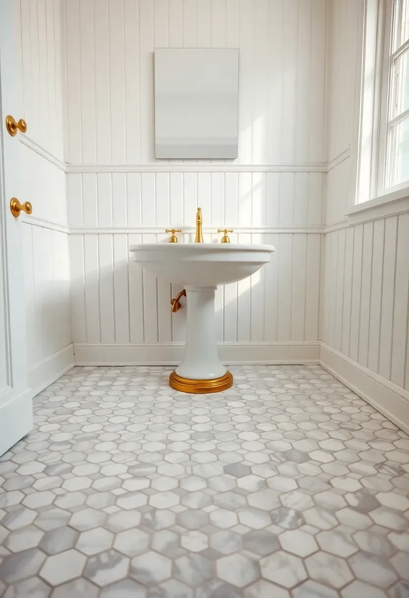 Classic white Carrara marble hexagon mosaic floor tile in a bright traditional bathroom with brass fixtures