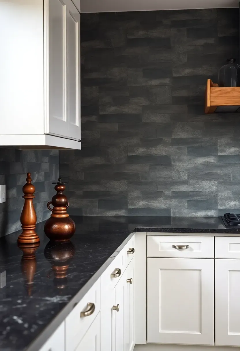 tumbled charcoal slate backsplash tiles with rough texture behind a white kitchen with dark granite countertops