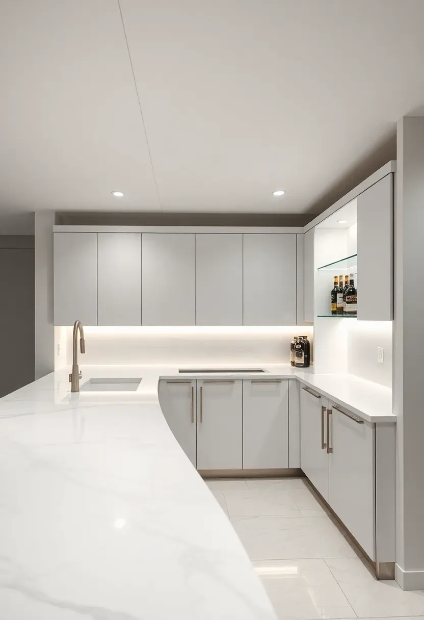 Sleek modern basement bar with white quartz waterfall countertop, flat-panel cabinetry, and recessed LED strip lighting