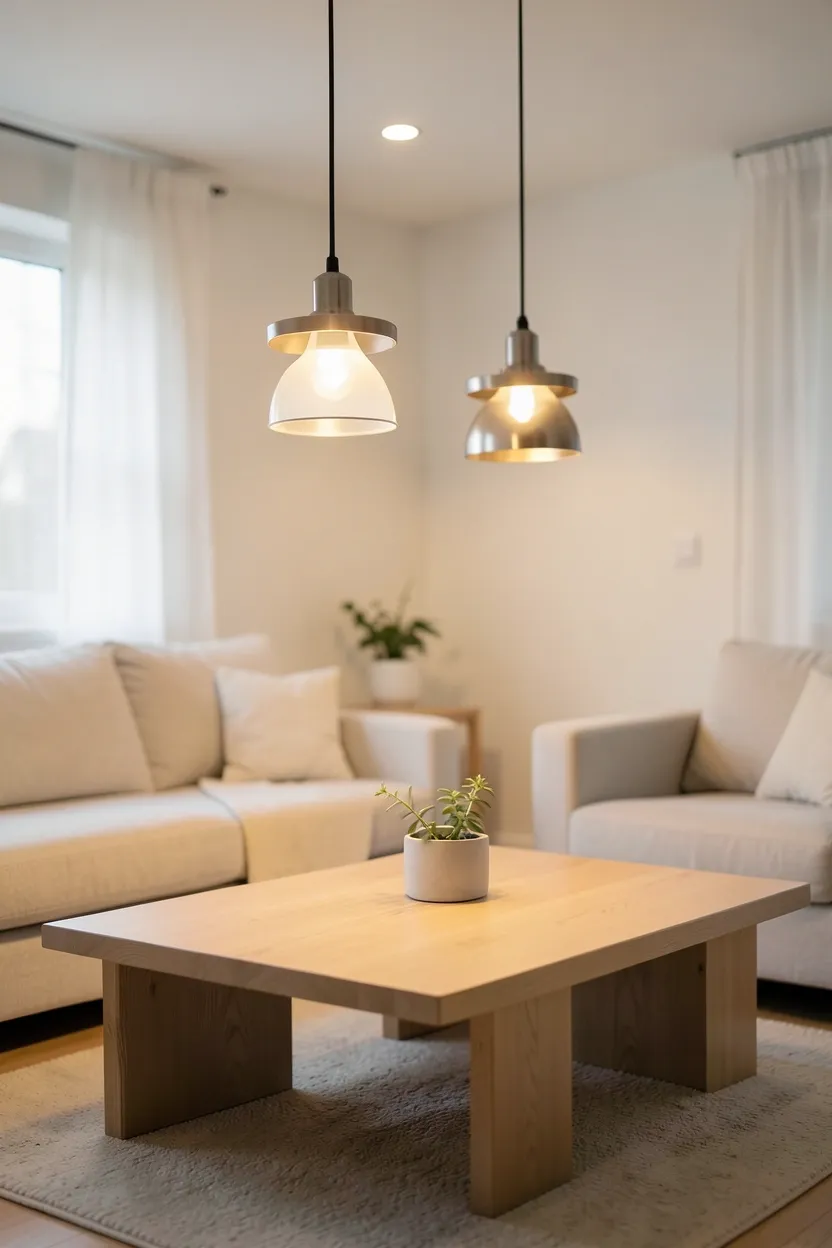 Geometric matte black pendant light hanging above a round wood coffee table in a cozy Scandinavian living room