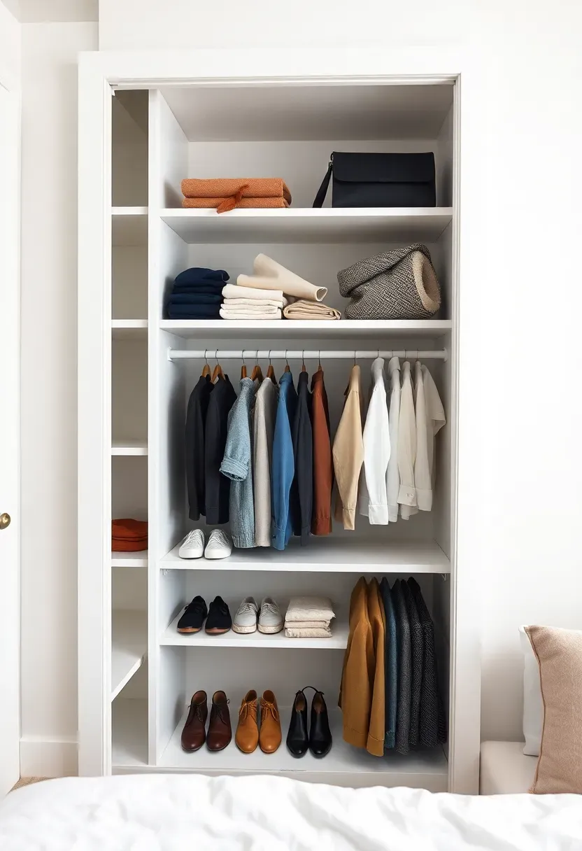 Hyper-realistic view of minimalist bedroom closet with white shelving showing curated selection of clothing — visible gaps between items, organized by color, abundant empty space, no stuffed or cramped areas, white walls, natural light. Materials: white painted shelves, limited high-quality clothing visible. Serene edited mood, intentional curation, shallow depth of field, no text, no logos.</p>