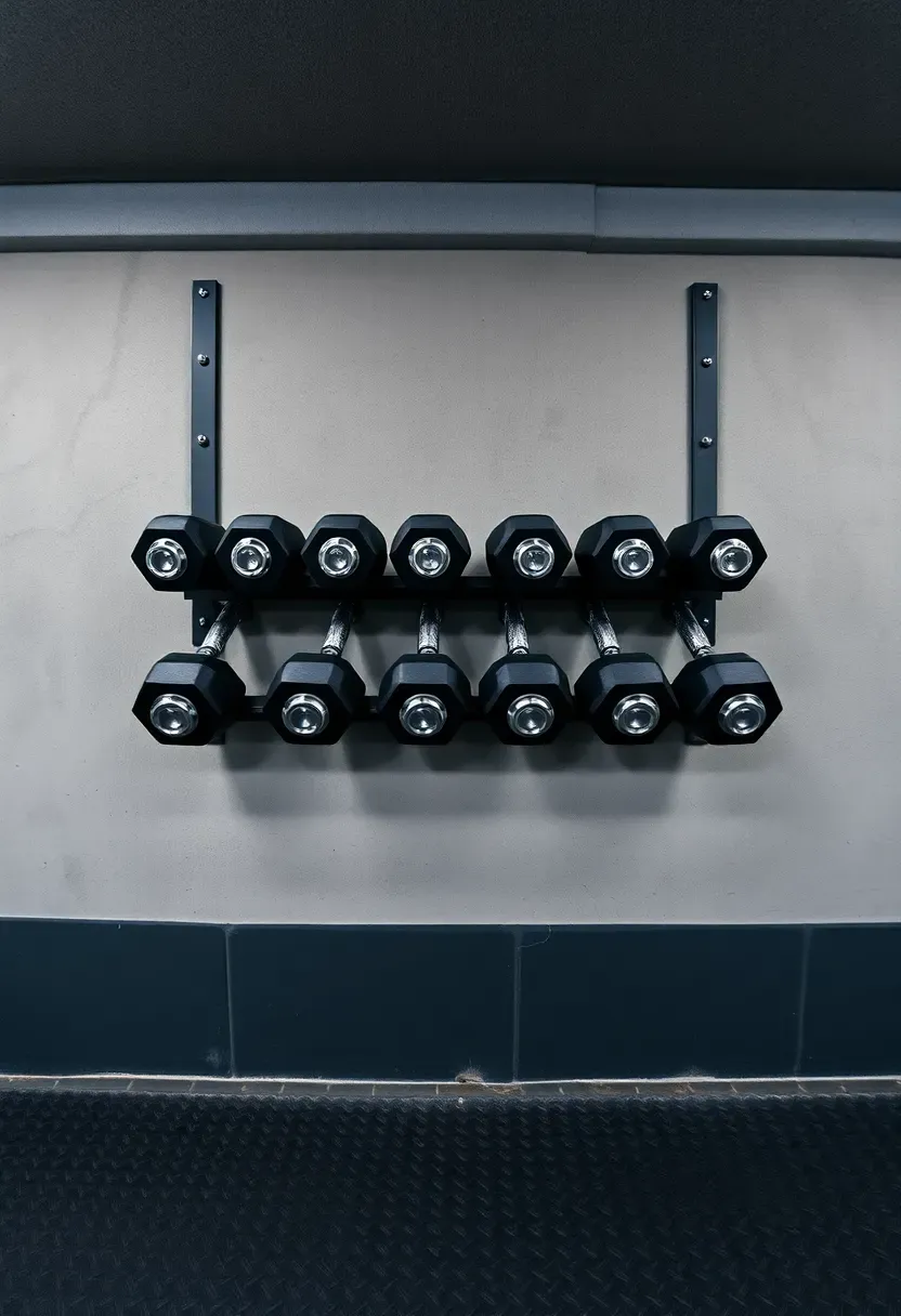 Wall-mounted dumbbell rack with pairs from 10 to 50 pounds organized by weight in a basement gym with grey walls