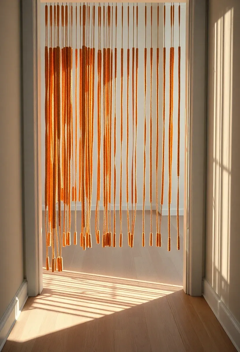 Colorful bamboo bead curtain strands hanging in a closet doorway with natural light casting patterned shadows