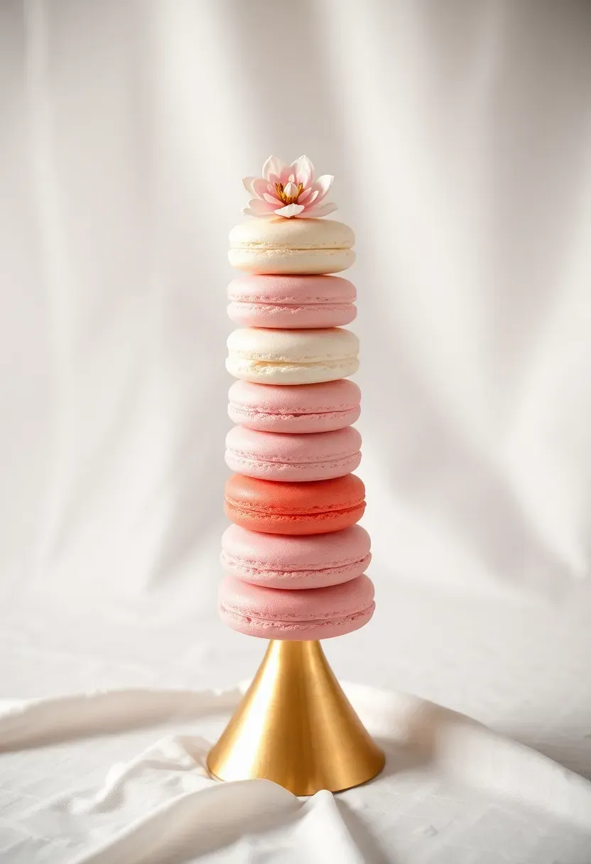 tall elegant macaron tower in ombre shades from ivory to blush pink with gold leaf accents and a small floral topper