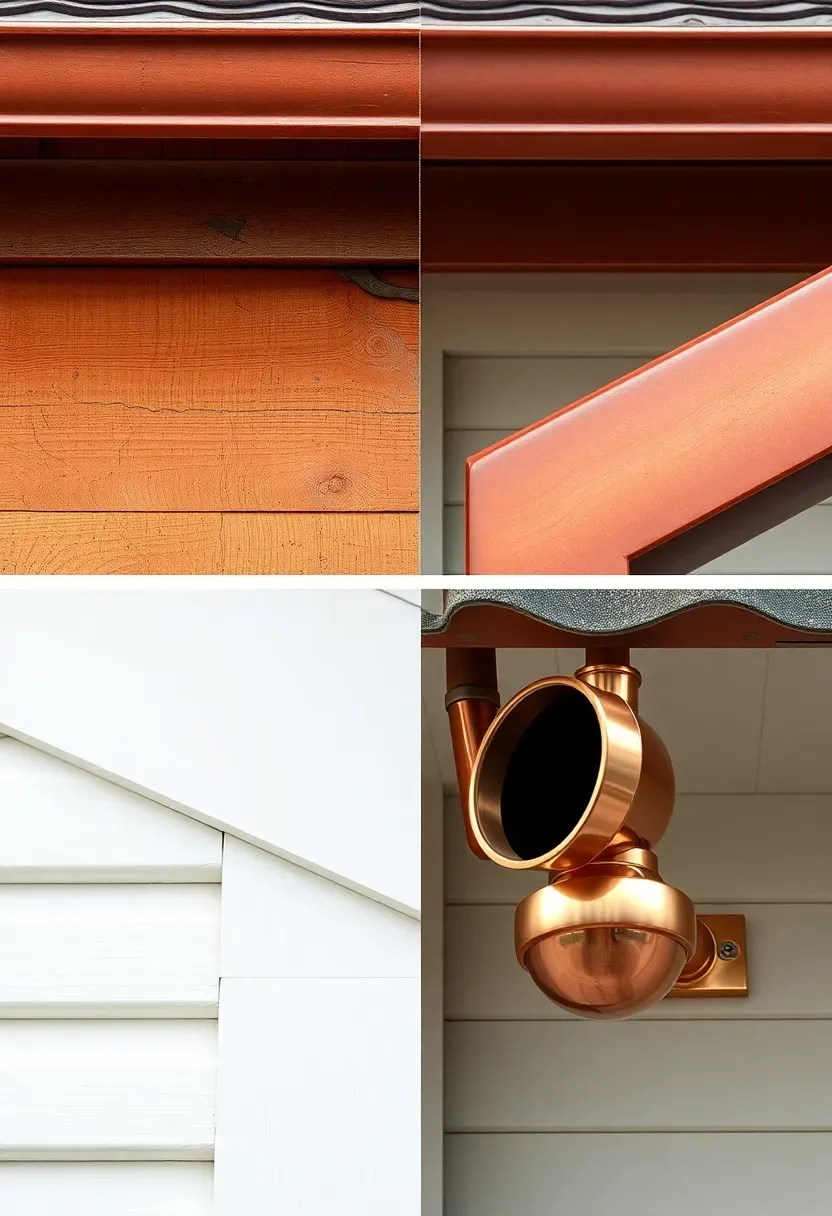 Before showing a ranch roofline with no visible gutters and water staining on the fascia and after showing half-round copper gutters with round downspouts