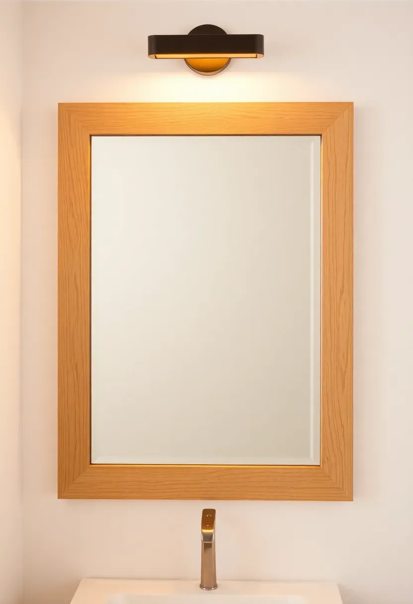 wood framed bathroom mirror with simple rectangular molding and warm vanity light