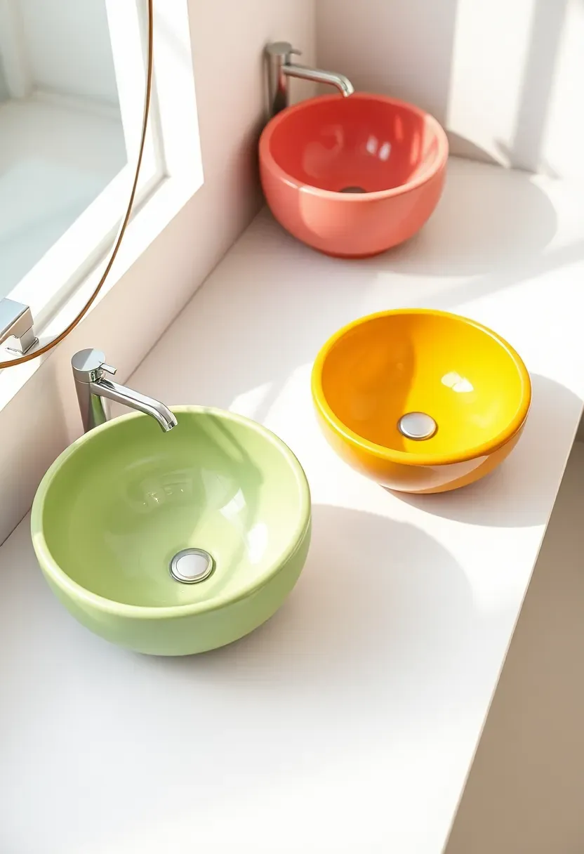 Colorful bathroom sinks in unique shapes like bowls and geometric forms with vibrant colors