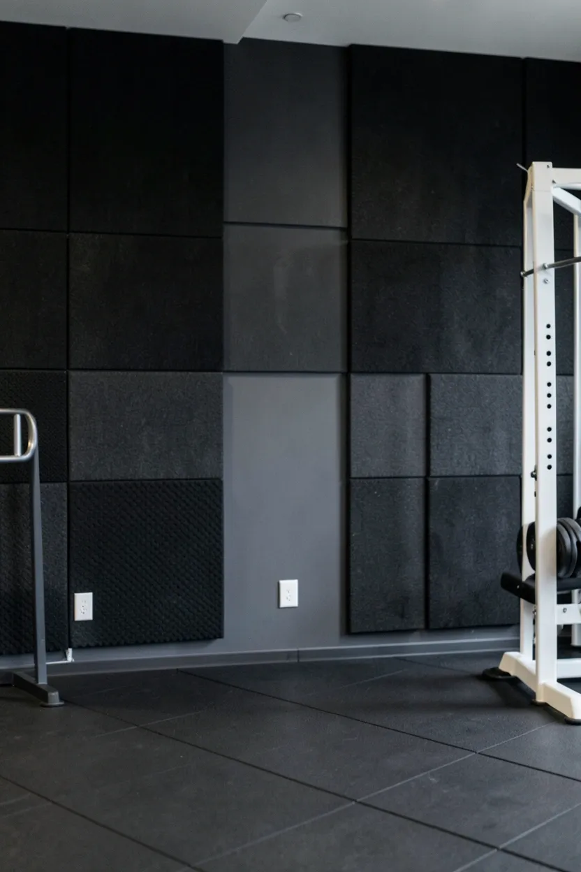 Black geometric acoustic panels arranged on a charcoal gym wall absorbing sound and adding textured visual interest to a dark home workout room