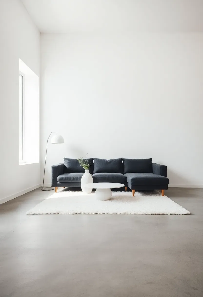 Hyper-realistic 3/4 view of contemporary living room with dark grey couch against white walls, white shag rug, white floor lamp, white ceramic vase, light grey concrete floor. Materials: charcoal fabric, white plush rug, white ceramic, grey concrete flooring. Bright natural daylight, sharp contrast shadows, clean architectural lines. Fresh contemporary mood like modern art gallery. Shallow depth of field, visible texture contrast between dark couch and white rug. No text, no logos, no watermarks.</p>