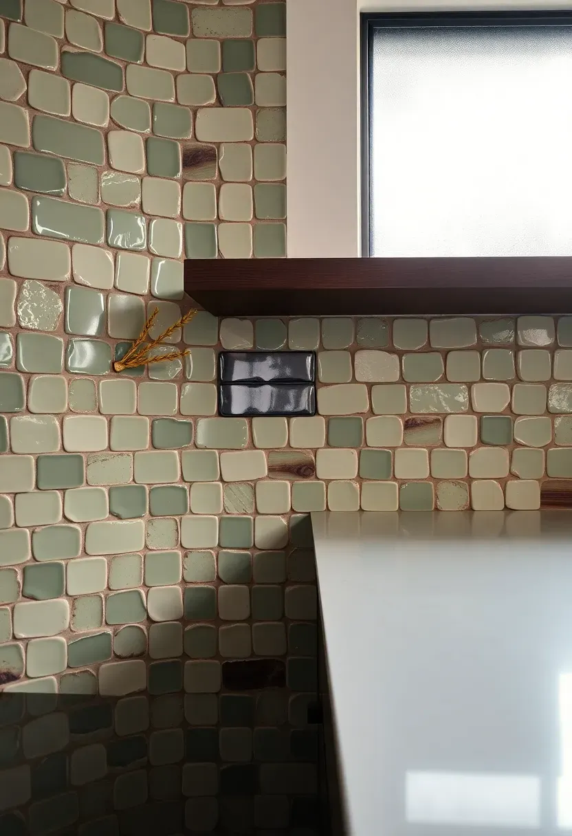 Handmade zellige tile backsplash in soft sage green with irregular glossy surface