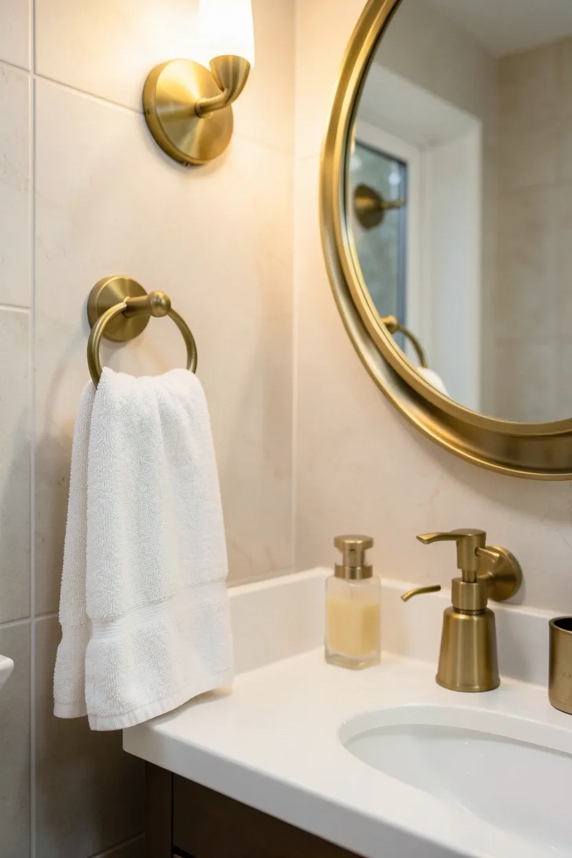 Brushed gold and brass bathroom accessories — soap dispenser, towel bar, and vanity tray in a rental bathroom
