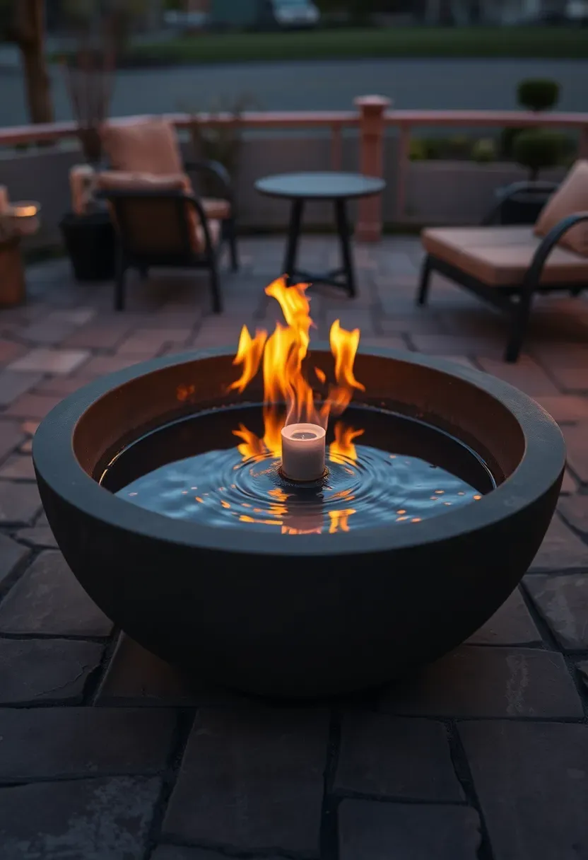 A round concrete bowl with both a gas flame ring and a central water fountain bubbling together at dusk on a patio