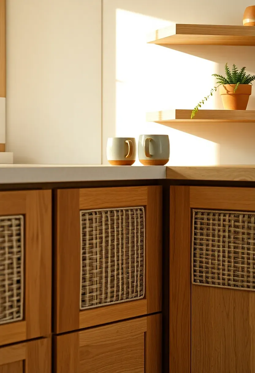 Kitchen cabinet drawer fronts with woven rattan inserts in a warm natural frame, next to open wood shelving with ceramic mugs and small plants