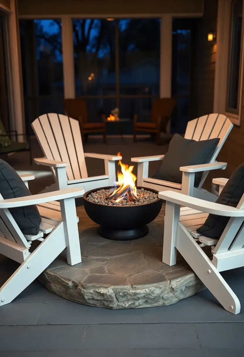 Small portable firepit centered on a back porch sun room with surrounding seating and warm evening glow