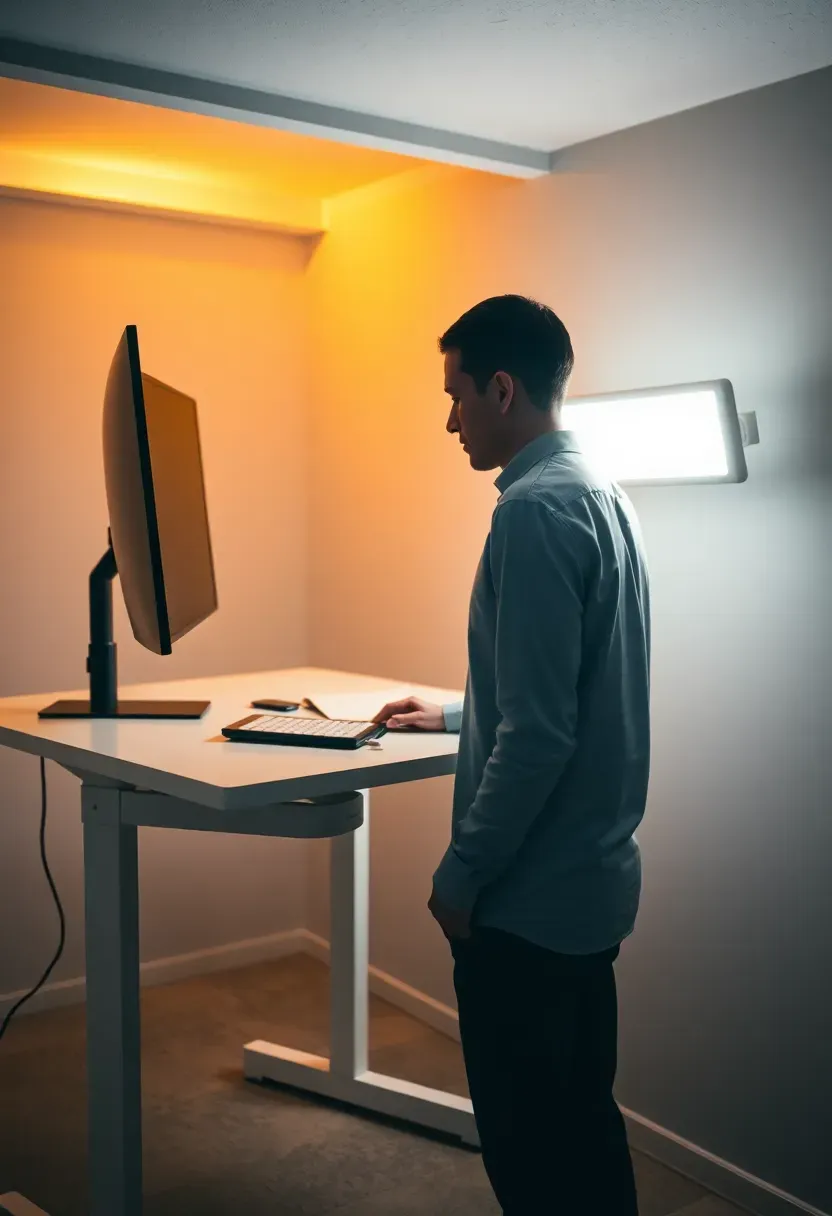 Standing desk in a windowless basement with a 10000 lux therapy light clamped to the desk edge