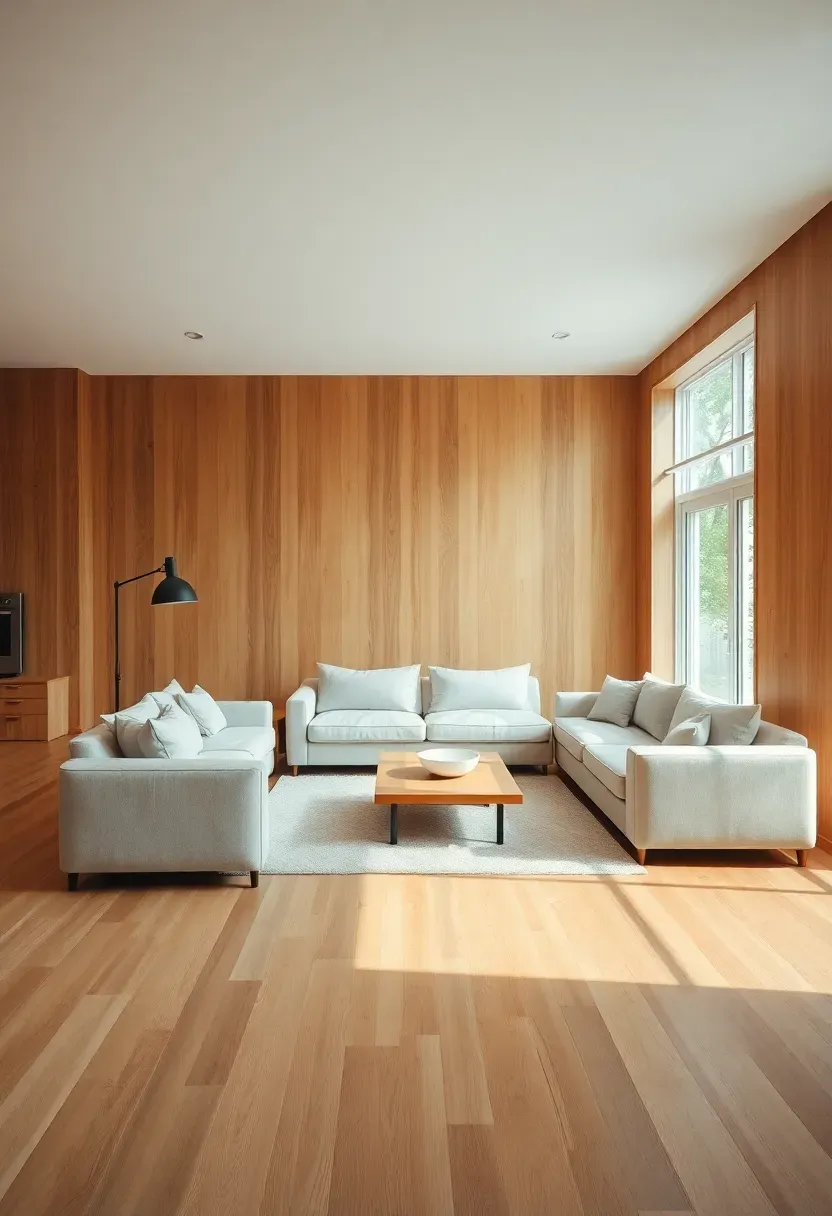 Hyper-realistic wide shot of a modern living room with light oak hardwood flooring throughout continuing up one wall as wood paneling, cream linen sectional sofa, black metal floor lamp, low oak console table, minimal decor with single ceramic bowl. Materials: light oak wood flooring and paneling with visible grain, cream linen upholstery, matte black metal, white ceramic. Bright natural daylight from multiple windows creating warm oak tones with cream contrast, clean modern mood with wood warmth. Architectural composition showing oak floor-to-ceiling paneling as feature wall. Sharp details on oak grain pattern and linen texture. No text, no logos, no watermarks.</p>
